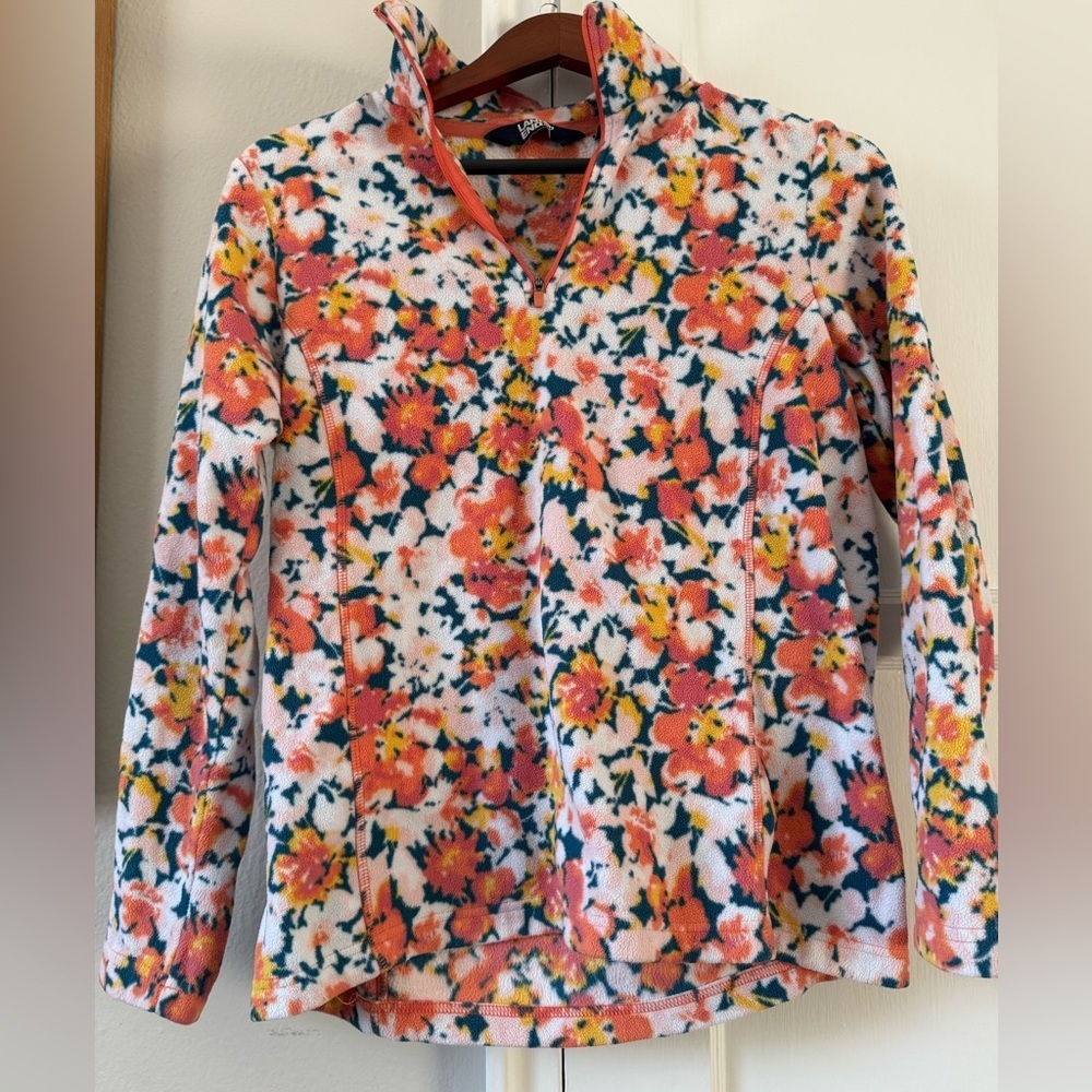 Lands’ End Floral Quarter Zip Fleece Pullover Cozy Casual Layer Size Small